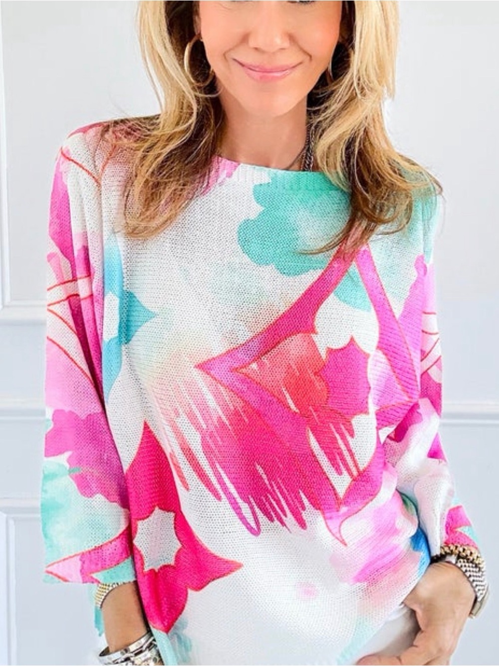 Floral Scoop Neck Summer Sweater in Pink & Aqua
